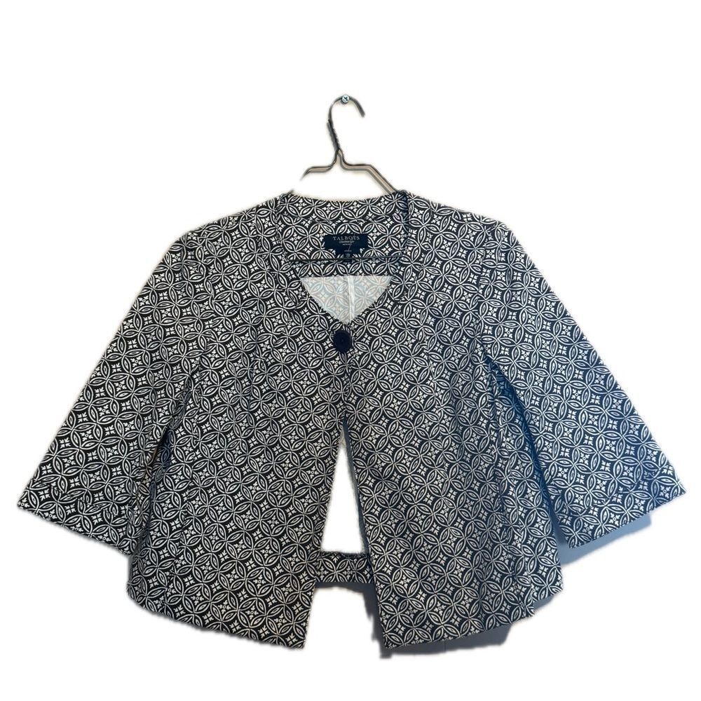 TALBOTS Women 12P Cotton Brown
And Ivory Geometric floral Jacket Blazer Cropped